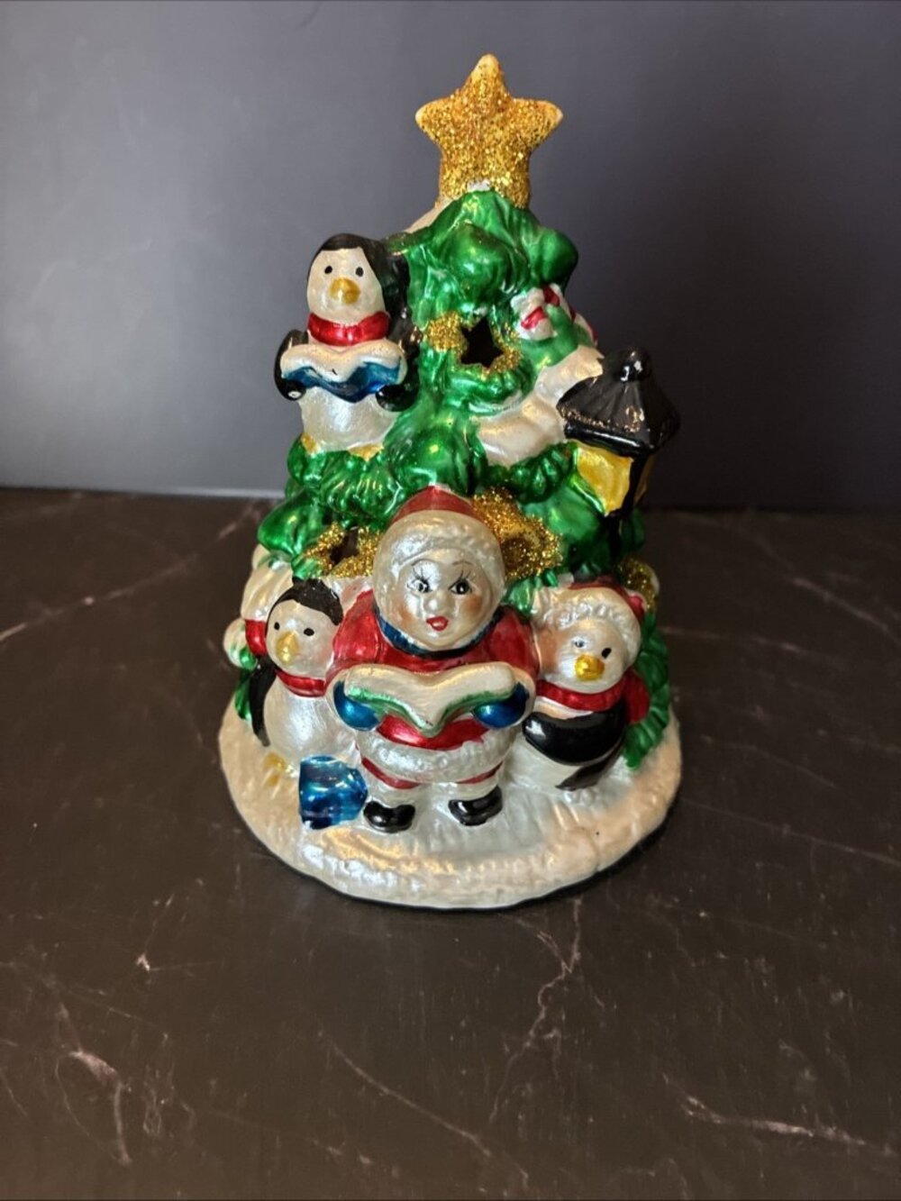 Vintage Christmas Tree Candle Holder Carolers Penguins Holiday Decoration